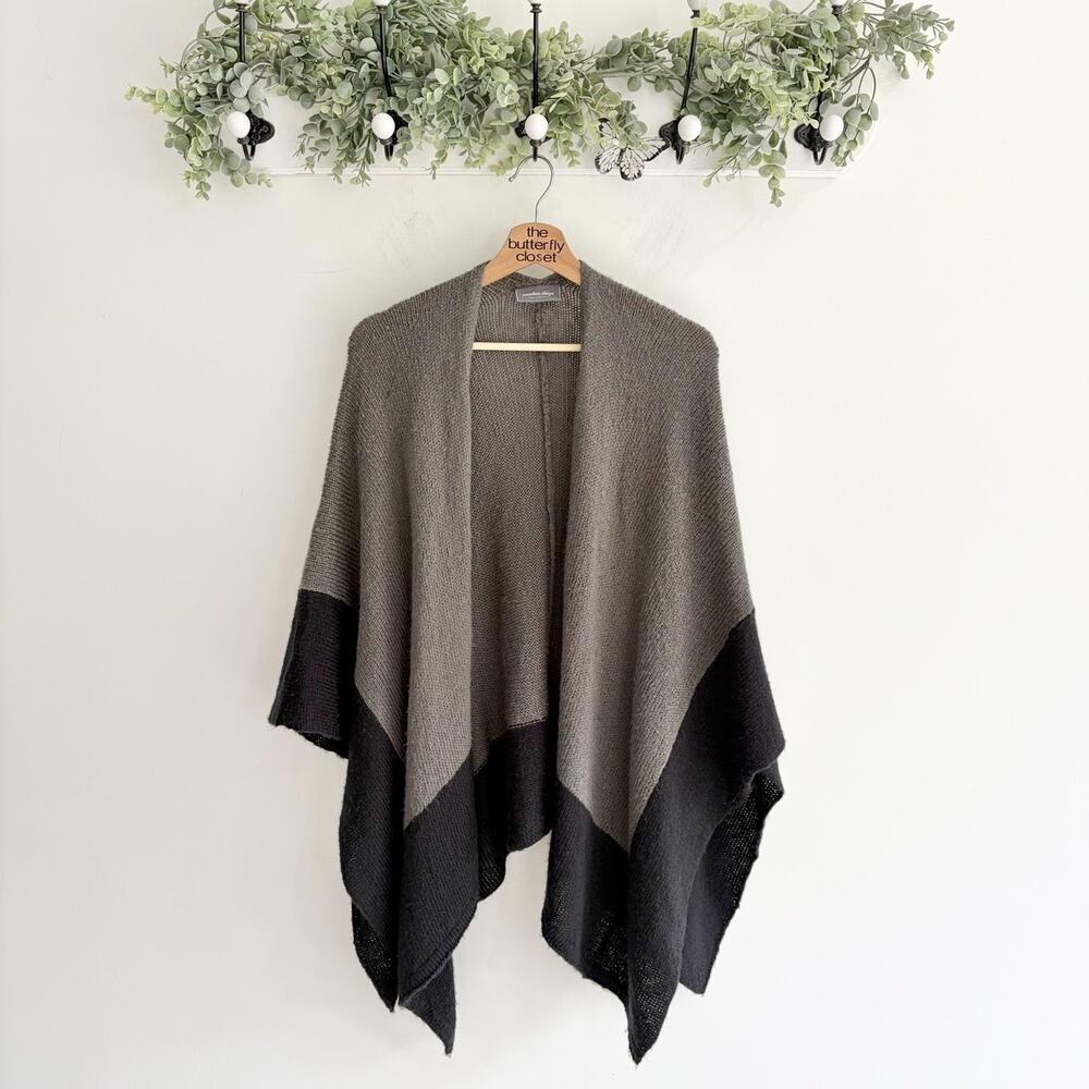 Wooden Ships Women’s Open Front Knit Poncho Gray And Black With Draped Silhoutte